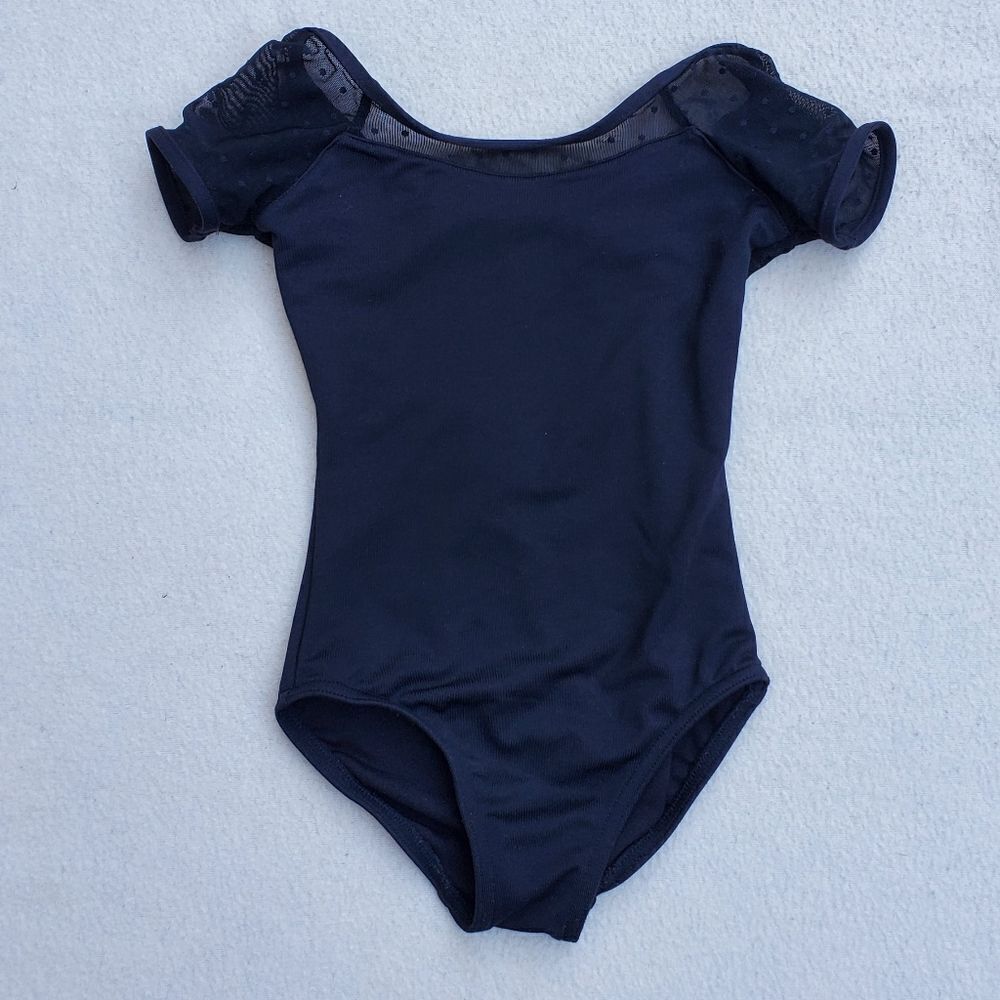 Capezio Black Mesh Yoke Short Sleeve Leotard Size 2-4